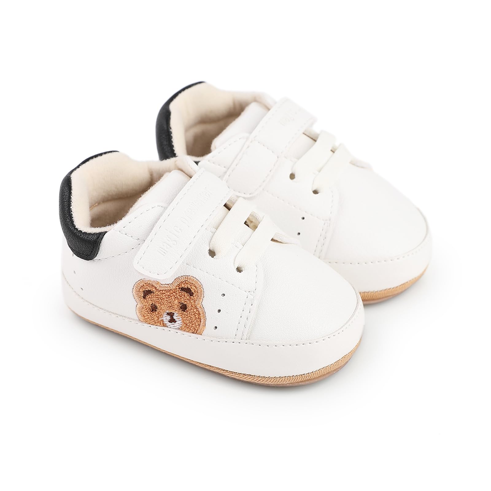 Infant Baby Boys Girls Moccasins Sneakers Bear Embroidery Soft Sole Flat PU Leather Anti-Slip Prewalkers Pram Toddler Trainers Run First Walker Shoes for 0-18 Months