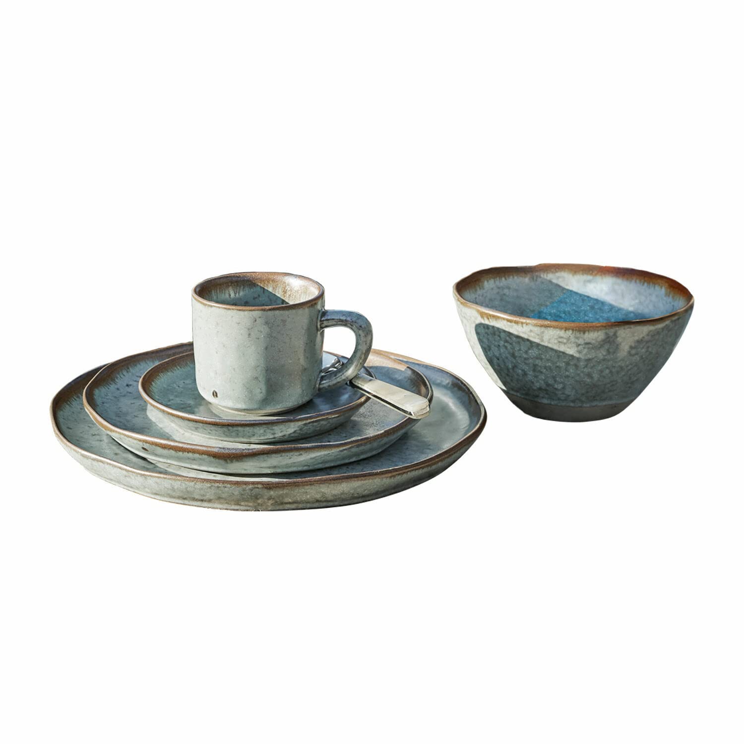 LOBERON Geschirr 30er Set Biarré, türkis/braun | große und kleine Teller, Tassen, Unterteller, Schüsseln aus Steingut, H/Ø ca. 2.5/26.5 cm