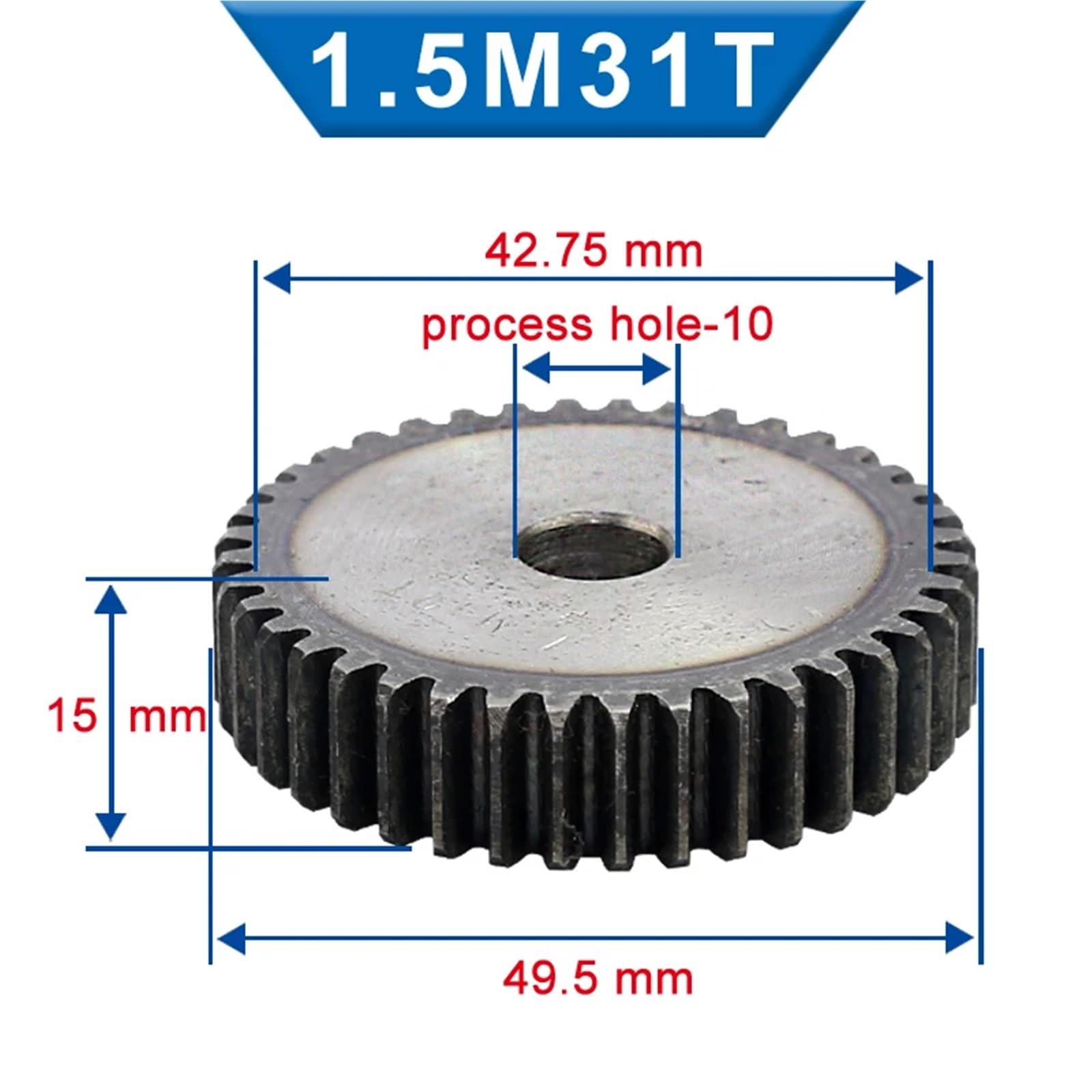 Ingranaggio elicoidale da 1,5 m, 28/29/30/31, foro da 10 mm, ingranaggio, acciaio a basso tenore di carbonio, ingranaggio piatto, altezza totale 15 mm, 1 pezzo (28 Teeth)