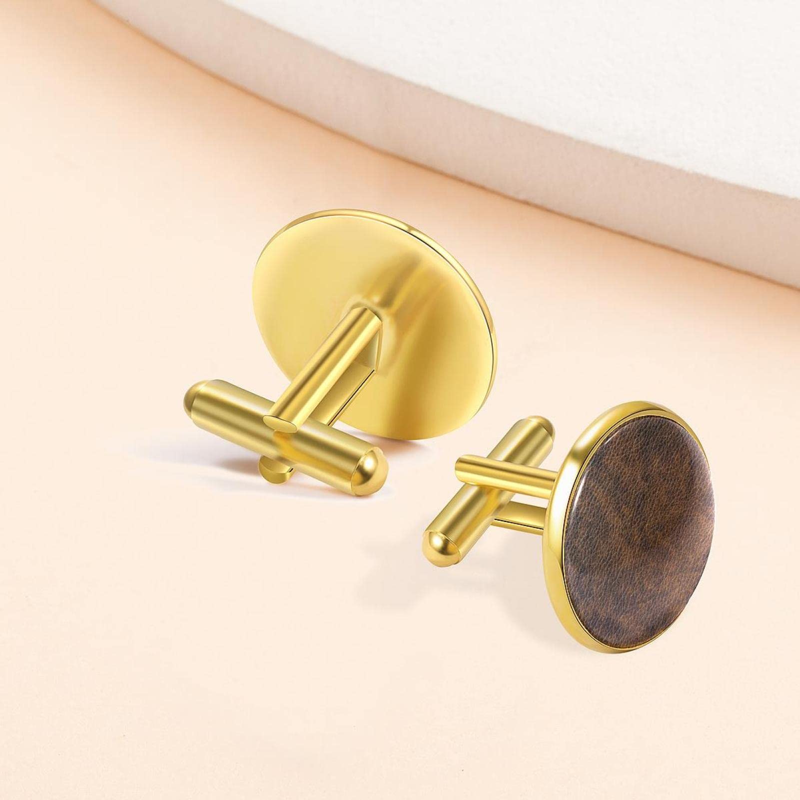 Gemelli in oro personalizzati per camicia da smoking in pelle marrone, 20mm*20mm, Acciaio inossidabile, Quarzo creato