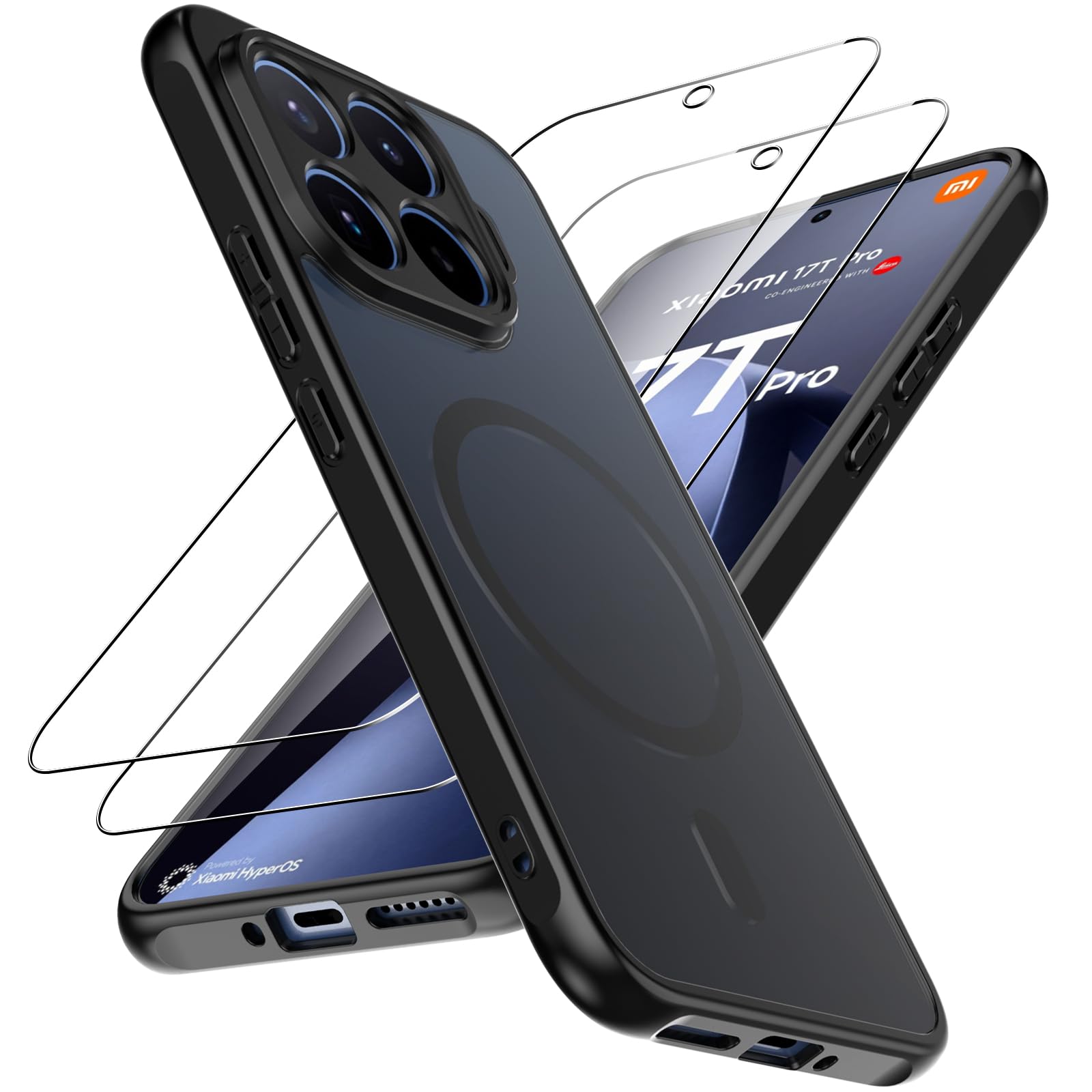 Magnetyczne etui do Xiaomi 17T Pro 5G, kompatybilne z Magsafe z 2 szkłem hartowanym, półprzezroczyste matowe etui odporne na zarysowania cienkie etui ochronne do Xiaomi Mi 17 T Pro, czarne