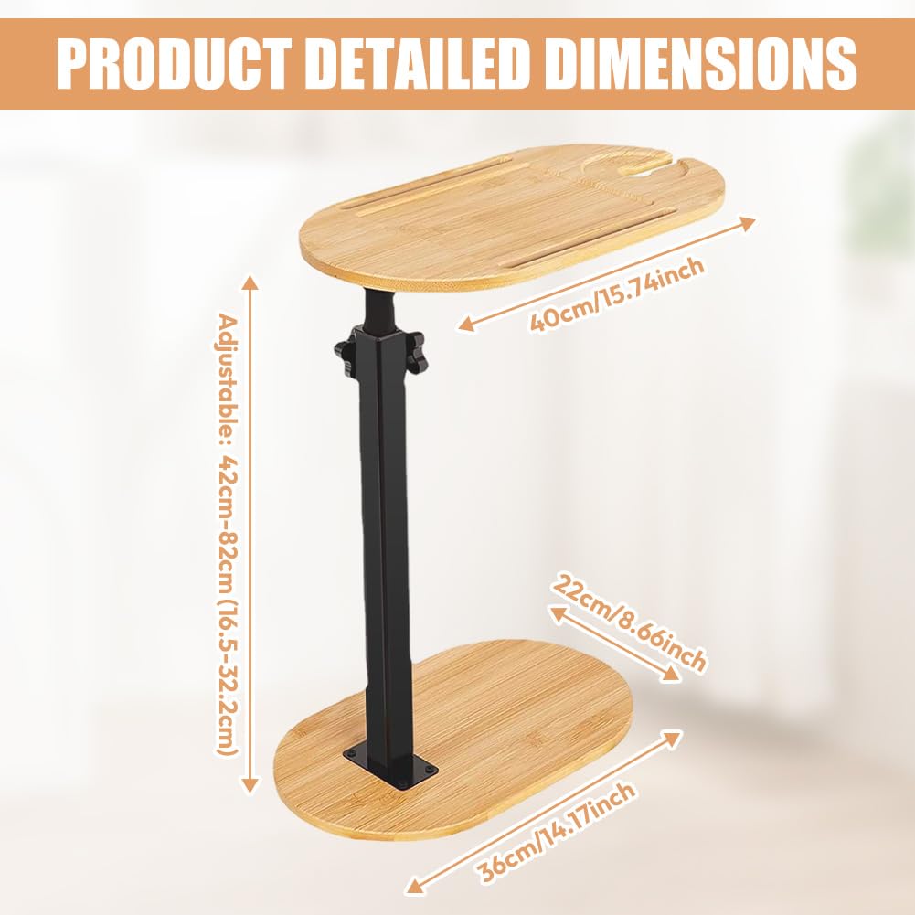 Mesa auxiliar en forma de C, mesa auxiliar de sofá, altura ajustable 360°, mesa auxiliar pequeña de 40 x 22 cm, mesa auxiliar de bambú, mesa de café pequeña con ranura para teléfono móvil