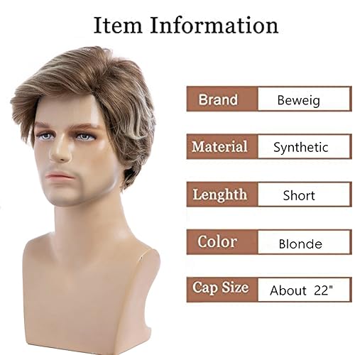 Miniatura 2 de Beweig Pelucas rubias cortas para hombre, peluca rubia mixta de capas cortas, peluca sintética de repuesto para disfraz de Halloween, pelucas de