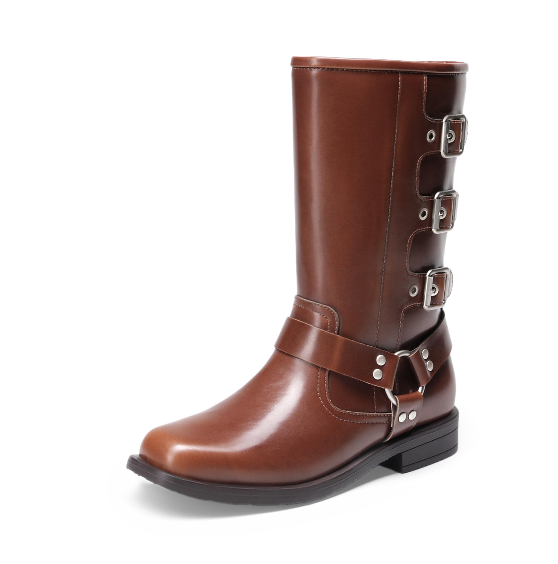 DREAM PAIRS Girls Boots Square Toe Knee High Motorcycle Booties with Buckles Riding Biker Boots Little Kid/Big Kid