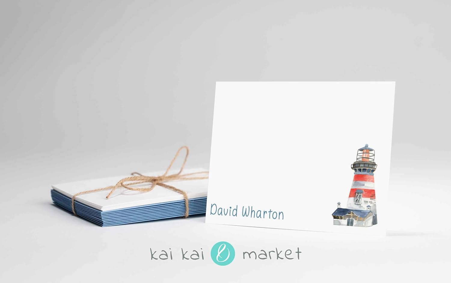 kai kai market | Coastal Lighthouse 1 | Personalized Stationery | Flat Note Cards and Envelopes | Kids. Marine, Nautical | Thank You Cards |