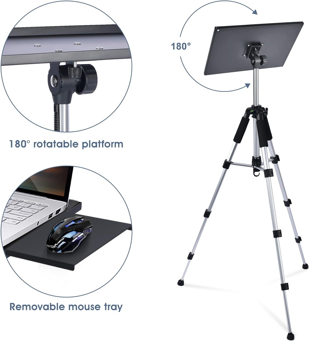 Klvied Universal Projector Tripod Stand - Laptop Tripod Stand with Removable Mouse Tray and Gooseneck Phone Holder, Laptop Floor Stand Adjustable 17.6 to 51.4 Inch, Projector Stand for Stage, Studio