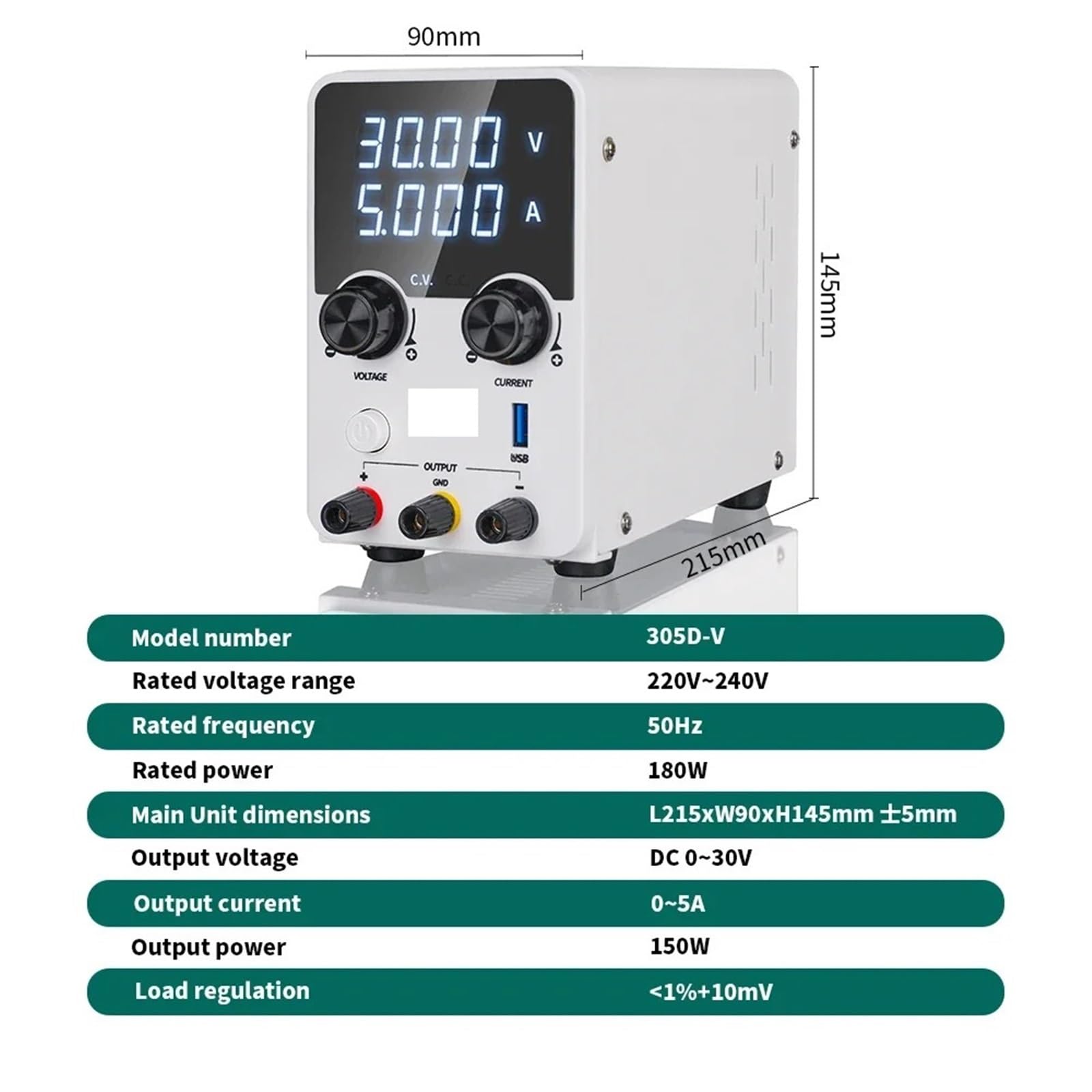 Alimentatore da Banco, Alimentatore regolabile 30V 5A LED Display USB a ricarica rapida Regolatore di tensione DC Unità di alimentazione da laboratorio portatile da banco