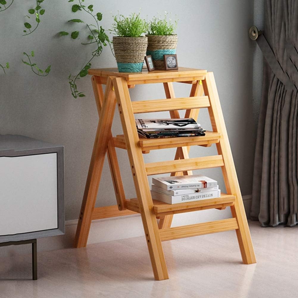 Stepladders Folding Ladder Stool Stairs Multifunction Home Renovation Bar Stool Flower Stand, 3/4 Steps, 4 Colors, 2 Sizes (Color : Wood, Size : 42X55X68CM)