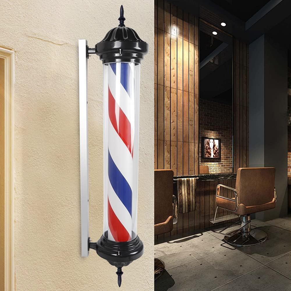 Barber Pole Red White Blue Stripes with LED Light Classic Hair Salon Open Sign Traditional Barbershop Wall Mount Rotating Light Waterproof Save Energy
