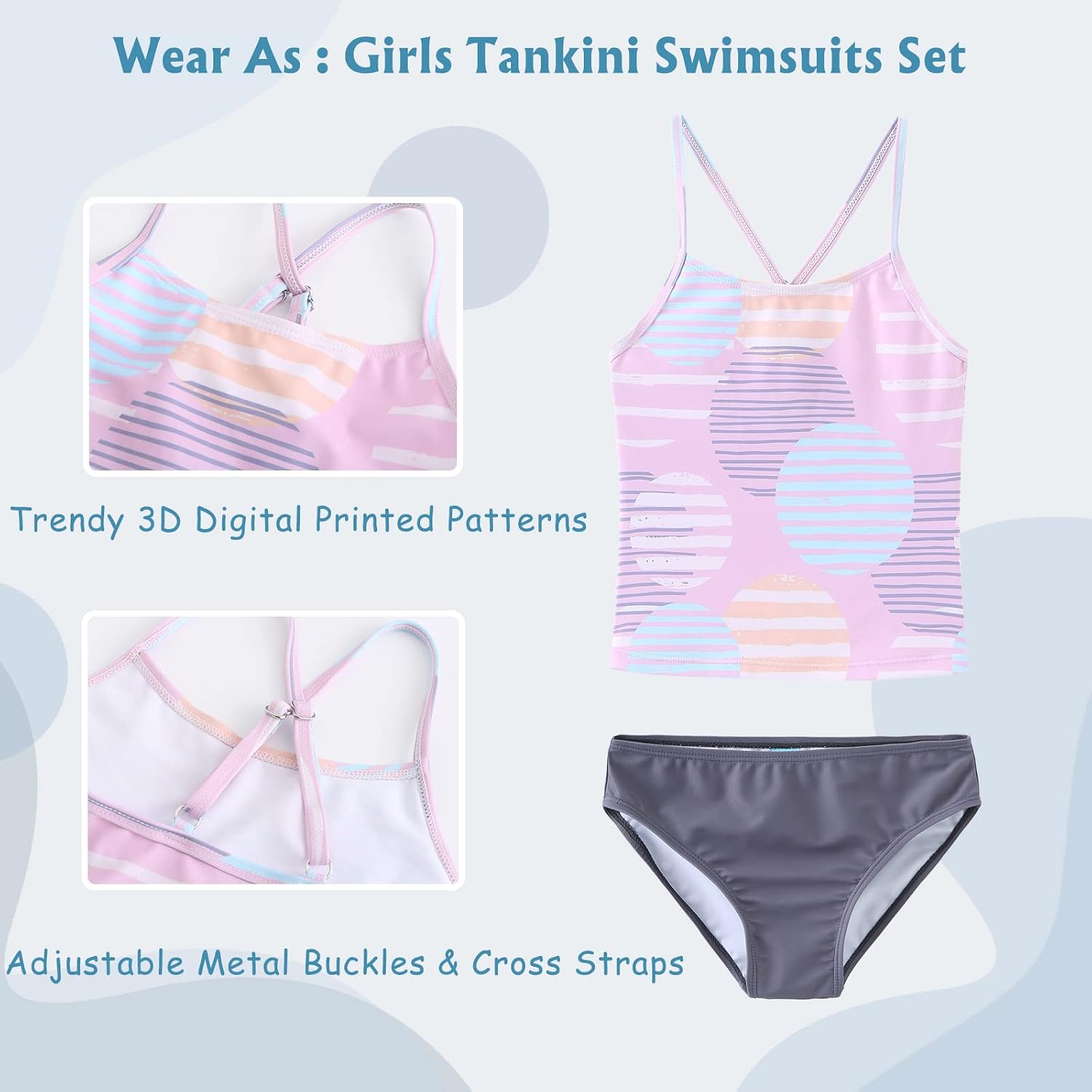 Girls 3 Piece Swimsuits Set Long Sleeve Rash Guard Tankini Bathing Suits for Girls Beach Swimwear Set 3-16 Years