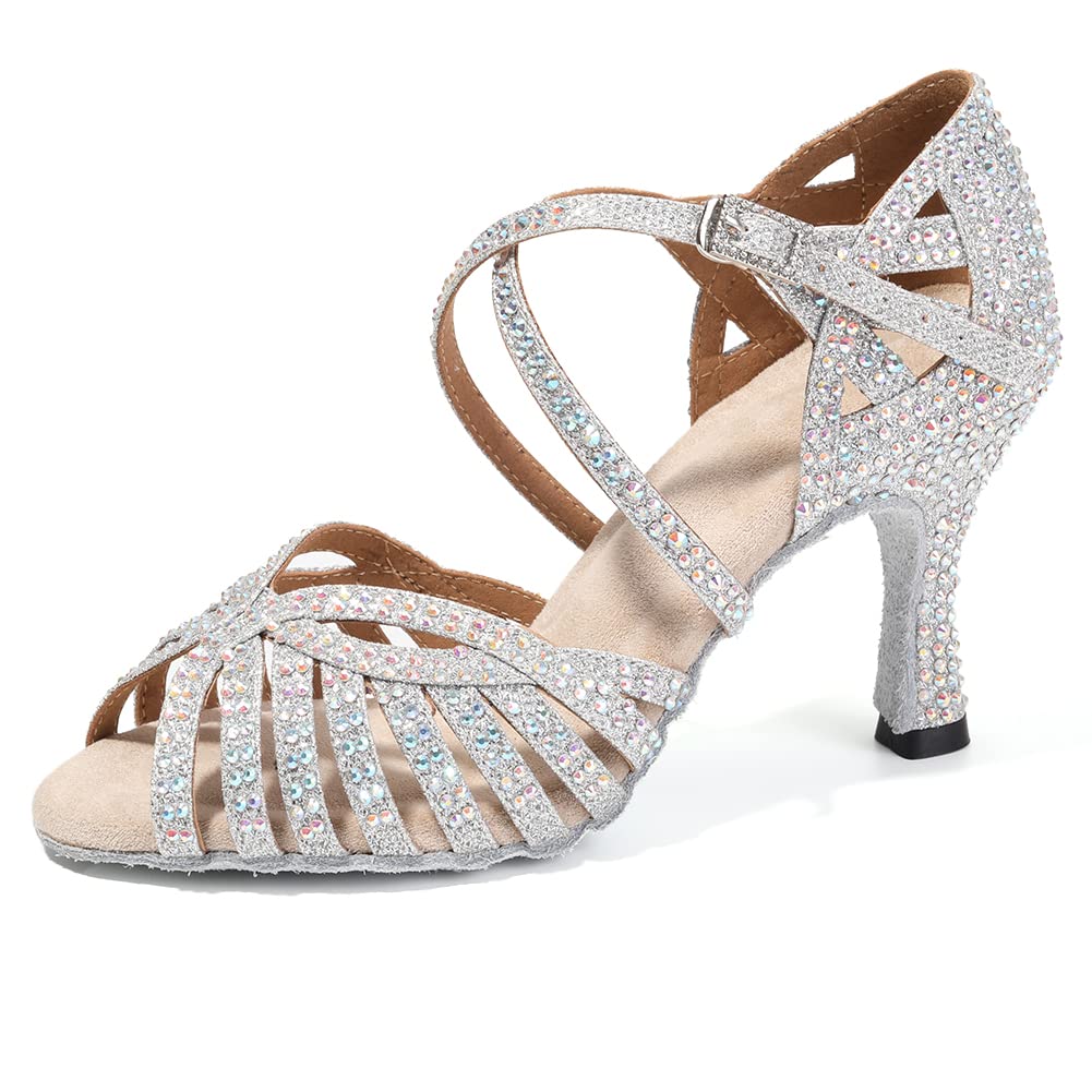 HIPPOSEUS Scarpe da Ballo Latino Argento Salsa con Strass Donna Scarpe da Ballo da Sala Bachata Danza al Coperto Tacco 8.5 cm L380,35 EU
