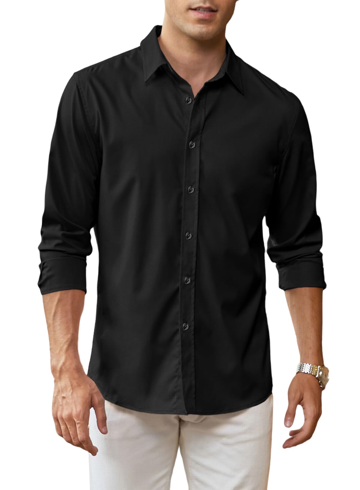 APOONABA Camisa Hombre Elegante Manga Larga Camisas Casual Business Camisa de Vestir Color Sólido Formales Shirts Regular Fit