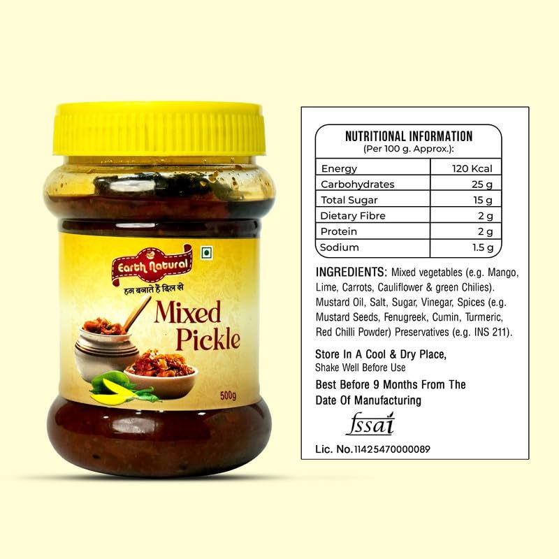 Image of Earth Natural Mixed Pickle 500g, | Spicy, Tangy & Textured | Homemade Mixed Aachar | Traditional Indian Spices and Vegetables