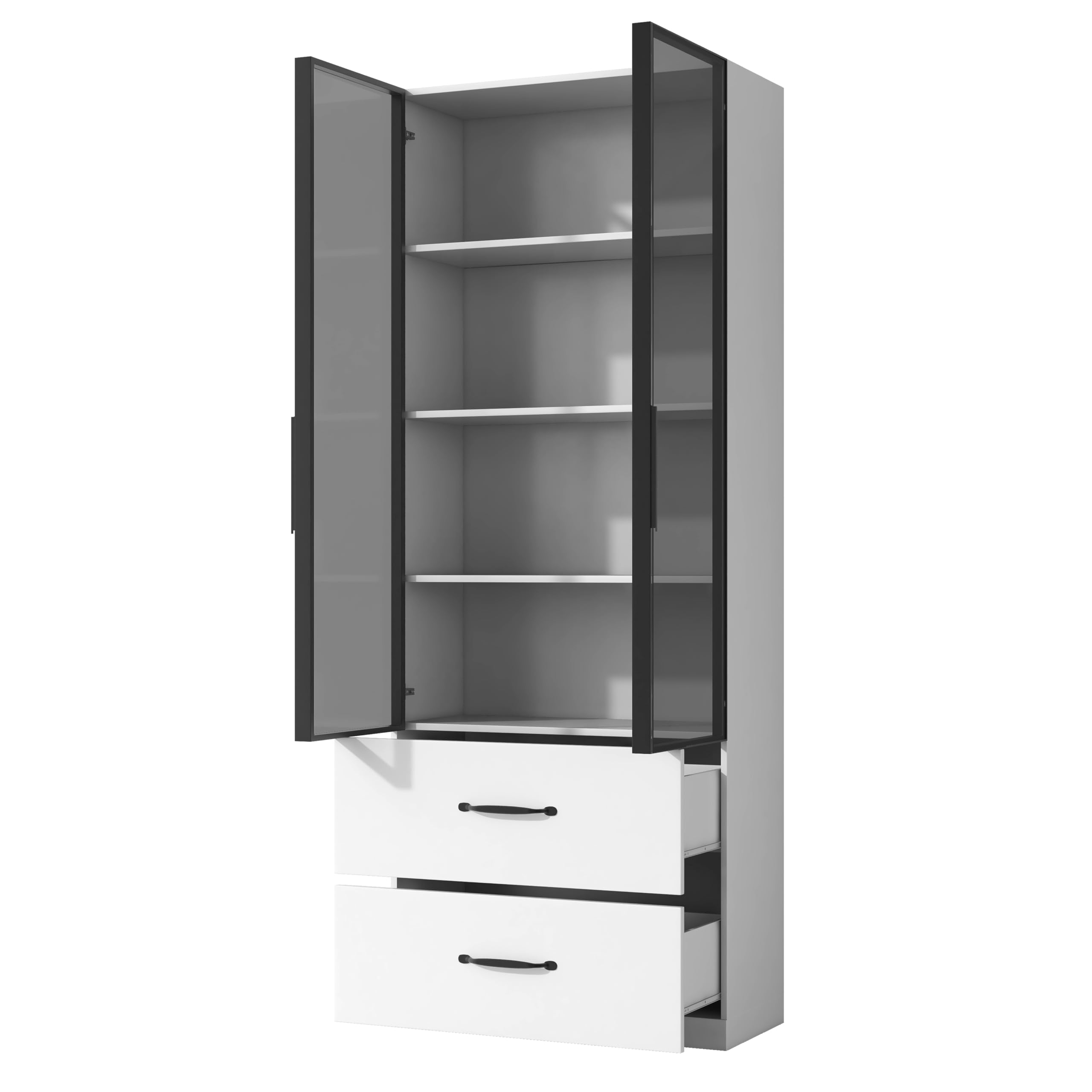 Vitrina de 60 × 40 × 160 cm, vitrina de cristal blanco, estantería y armario multifunción con cajones, con marco de aluminio, puertas de vidrio templado y bisagras de cierre suave