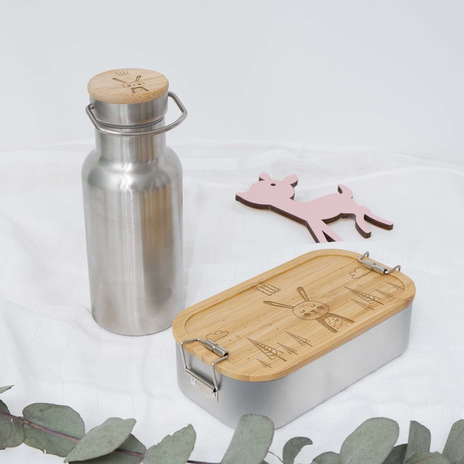 hellomini Geschenkset für Kinder Trinkflasche Isolierflasche Edelstahl mit Bambusdeckel & Brotdose Lunchbox Holzdeckel personalisierte Geschenke Ostern, Weihnachten, Geburtstag, Einschulung Hase