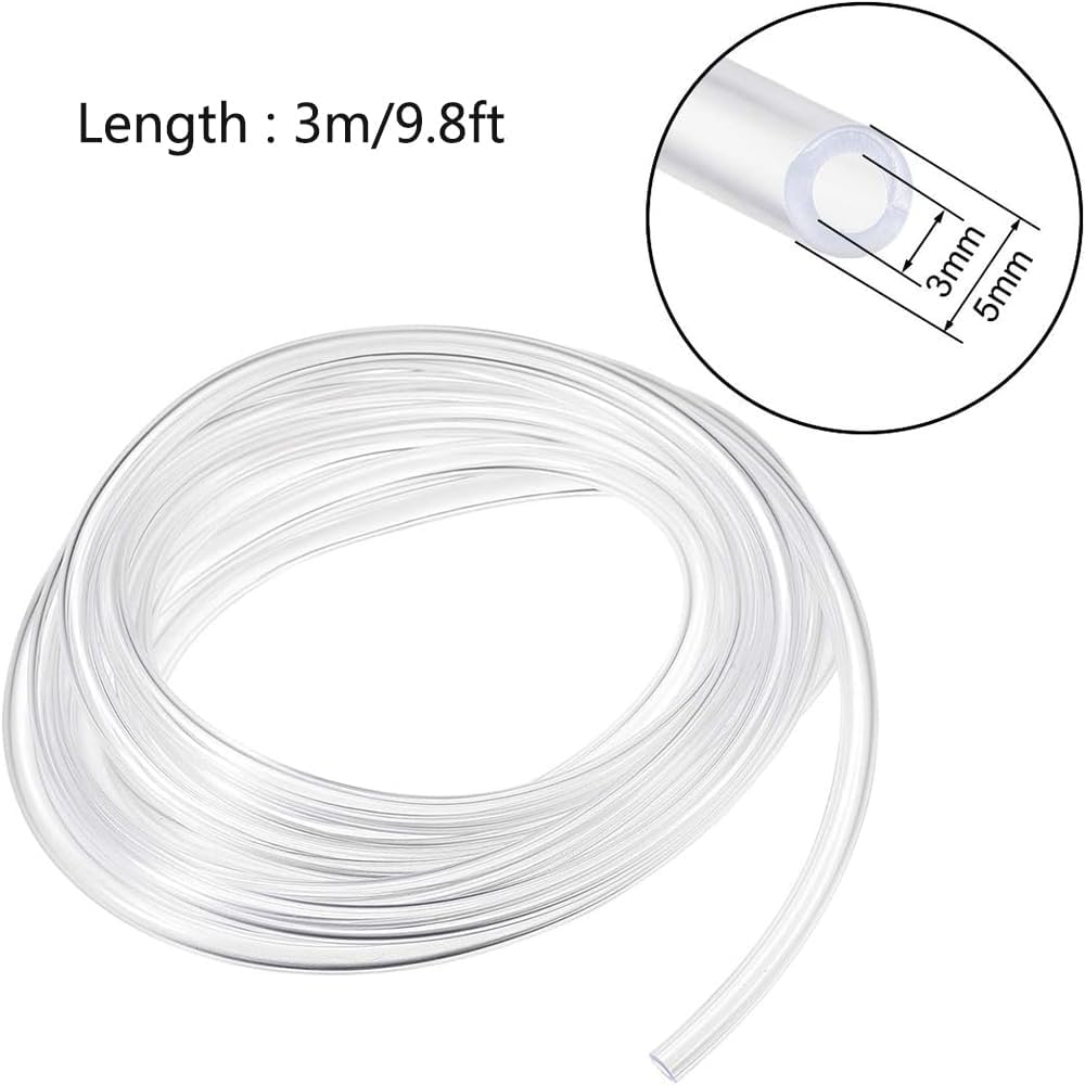 Yesallwas PVC Hose Tube, 3mm(1/8") ID x 5mm(3/16") OD 3 Meter 9.8ft Clear Vinyl Tubing, Industrial Grade Plastic Flexible Water Pipe