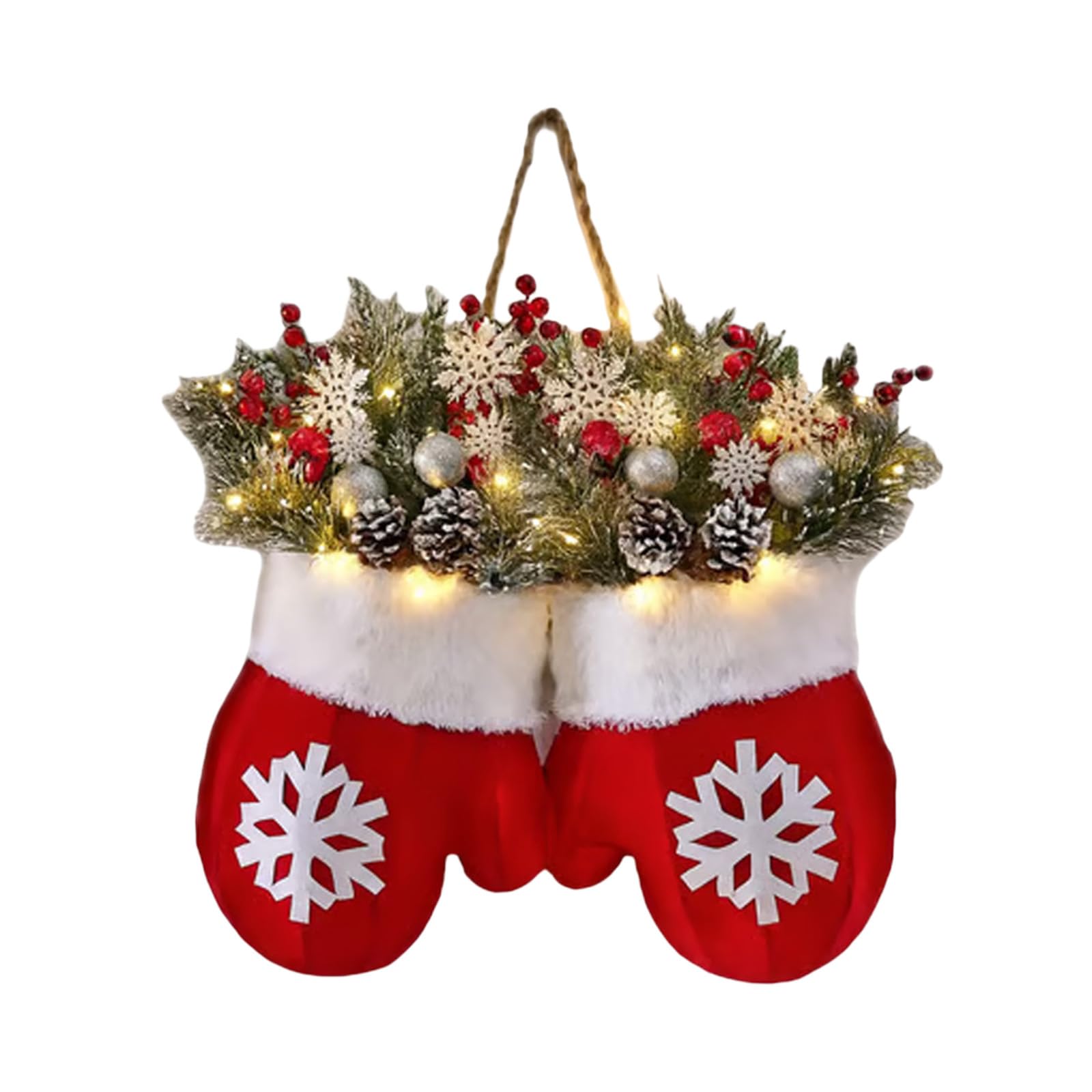 Couronne de pin artificiel avec moufles et lumière de Noël pour porte
