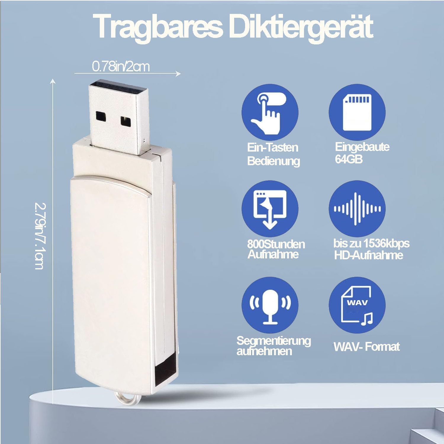 Dyktafon USB 64 GB, cyfrowy dyktafon z rozpoznawaniem mowy i nagrywaniem jednym dotknięciem, profesjonalne urządzenie do nagrywania audio, na wykłady, spotkania, wykłady (srebrny)