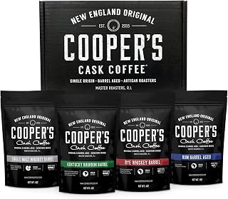 Coopers Cask Whiskey Barrel Aged Coffee Sampler - 4x4oz Ground Bags: Bourbon Colombian, Malt Sumatra, Rye Ethiopian, Rum Rwanda