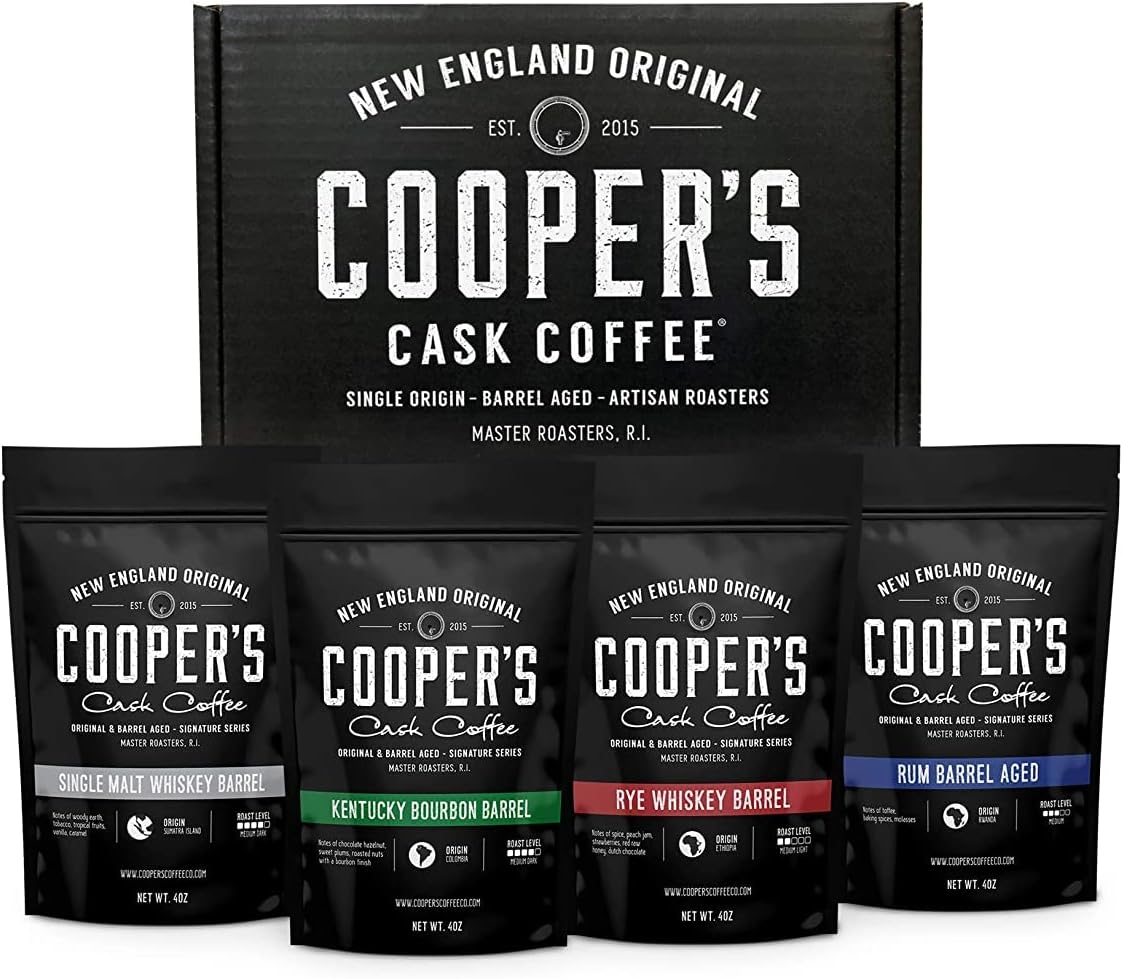 Bourbon & Whiskey Barrel Aged Coffee Box Set - 4-Bag Roasted Coffee Sampler - Bourbon Colombian, Malt Whiskey Sumatra, Rye Whiskey Ethiopian, Rum Barrel Rwanda, (Ground, 4 Ounce (Pack of 4))