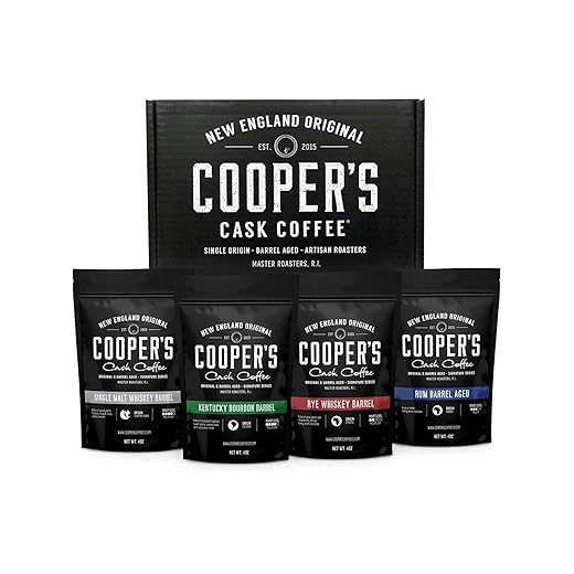 Bourbon & Whiskey Barrel Aged Coffee Box Set - 4-Bag Roasted Coffee Sampler - Bourbon Colombian, Malt Whiskey Sumatra, Rye Whiskey Ethiopian, Rum Barrel Rwanda, (Ground, 4 Ounce (Pack of 4))