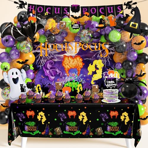 Halloween Party Decorations Pack, Halloween Birthday Party Decorations with Witch Banner Garland Balloons spooky Backdrop Tablecloth