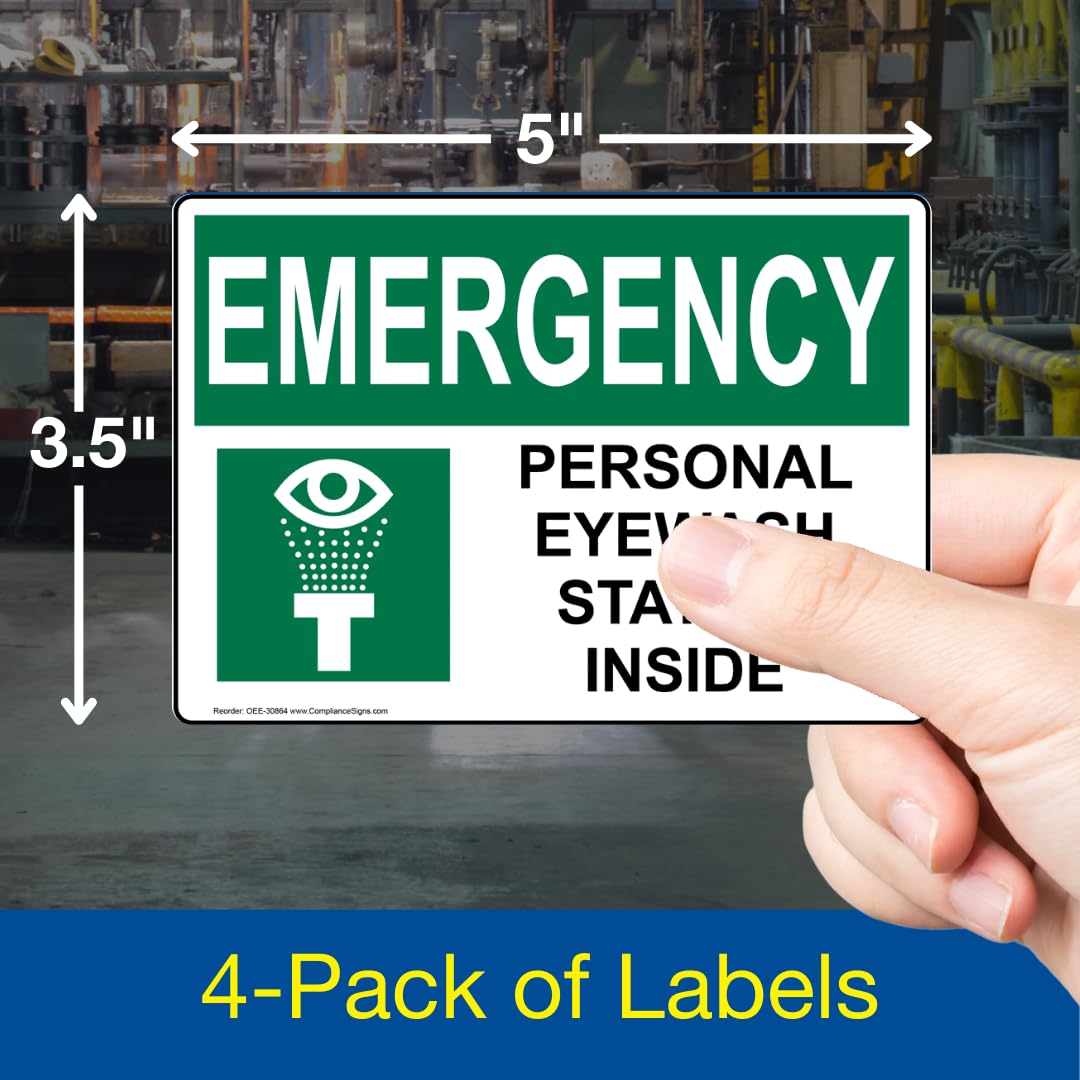 ComplianceSigns.com Emergency Personal Eyewash Station Inside OSHA Label Decal with Symbol, 5x3.5 in. 4-Pack Vinyl for Emergency Response - Image 2