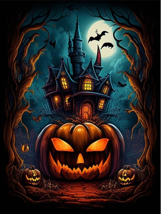 Kits de pintura de diamantes para adultos, castillo de calabaza malvada, kit de taladro redondo completo de Halloween 5D, pintura de puntos de disponible en Yaxa Peru