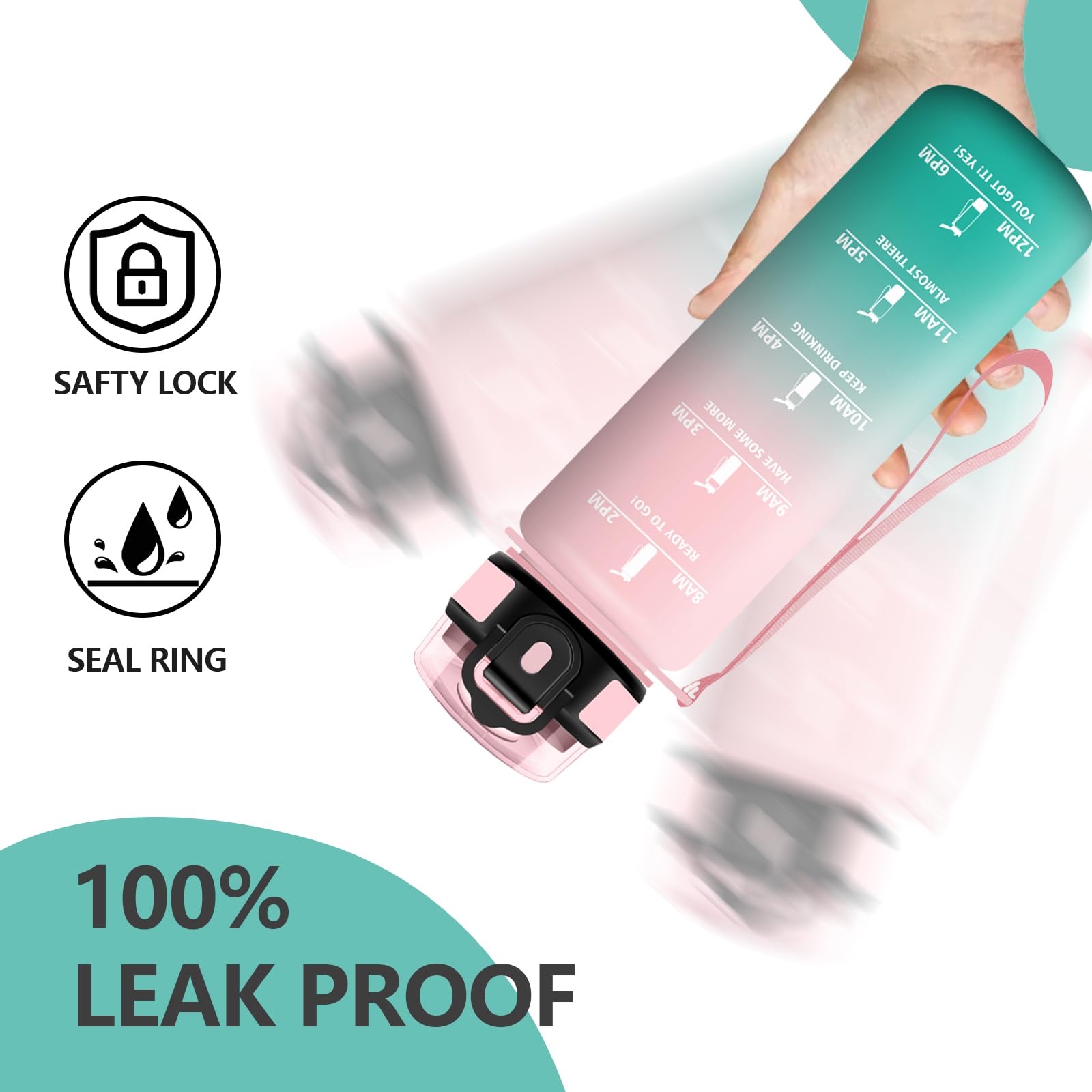 Grsta Borraccia 1 litro, Senza Perdite Borraccie Palestra, con Indicatore del Tempo, Borracce con Cannuccia, Bottiglia Motivazionale per Scuola, Fitness, Campeggio