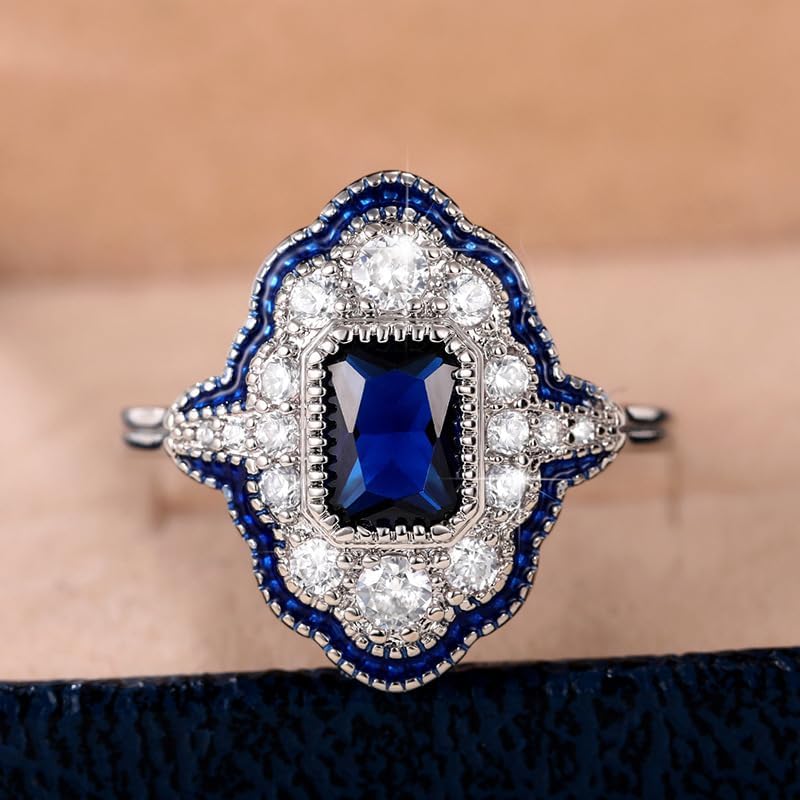 Square Simulated Blue Sapphire Cushion Cut Cubic Zirconia CZ Statement Cocktail Fashion Art Deco Halo Engagement Ring for Women 925 Sterling Silver Anniversary Promise Ring Size 6 - Image 3