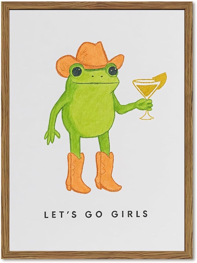 Funny Western Frog Wall Art Cute Cowgirl Frog Holding Cocktail Canvas Print Let's Go Girls Wall Decor for Home Bar Living Room Bedroom Apartment 12x16 Inch Wood Framed