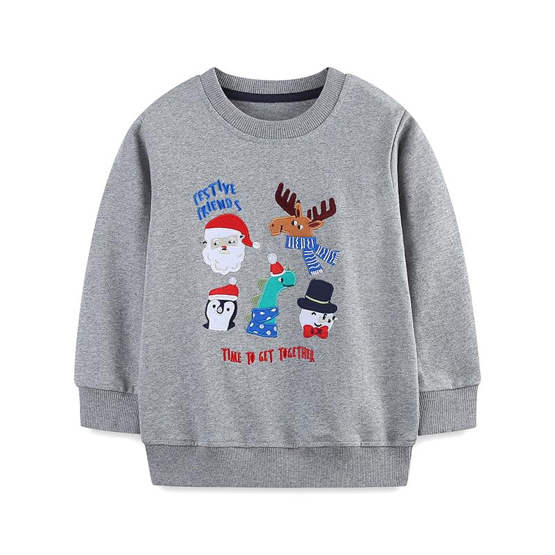 Toddler Boy Sweatshirts, Cartoon Christmas Graphic Crewneck Sweatshirt,Gray,Long Sleeve Pullover Crew Neck Tops