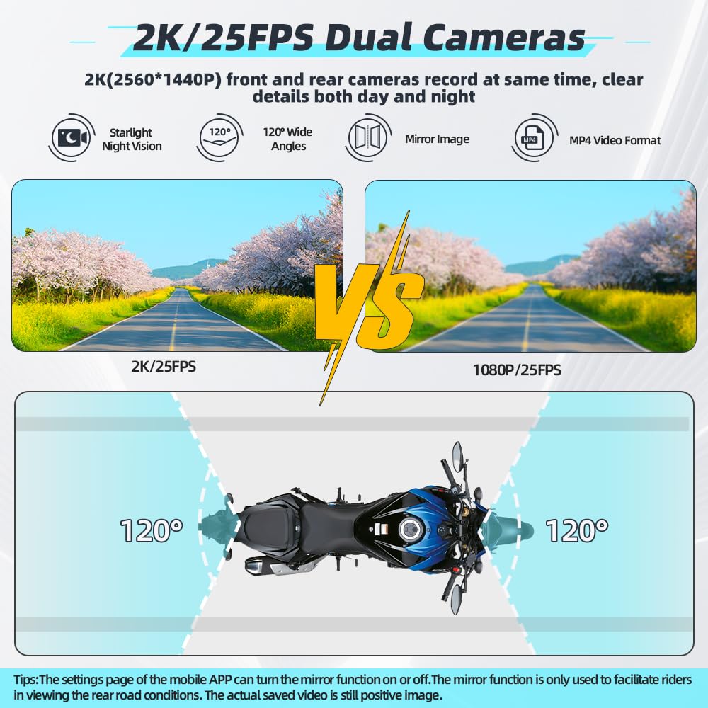 VSYSTO D6WL Caméra embarquée de moto 2K - Double caméra avant et arrière 5G WiFi IP67 Capteur G Enregistrement en boucle pour les trajets quotidiens et les longues randonnées