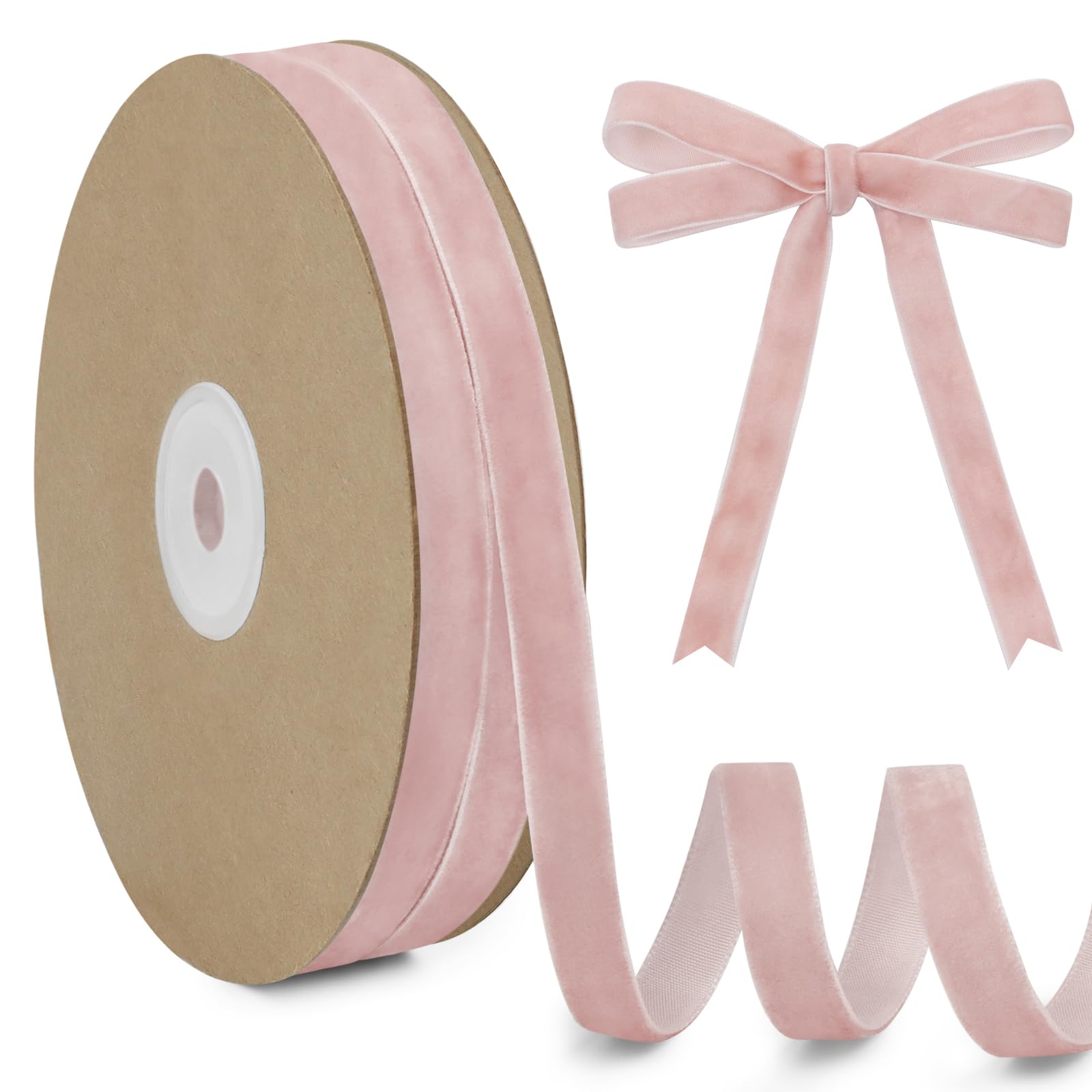 LEREATI Light Pink Velvet Ribbon 10mm x 20m, Vintage Thick Single-Sided Gift Wrapping Ribbon for Wedding Flower Bouquet, Wreath, Bow Making, DIY Crafts, Home Decor