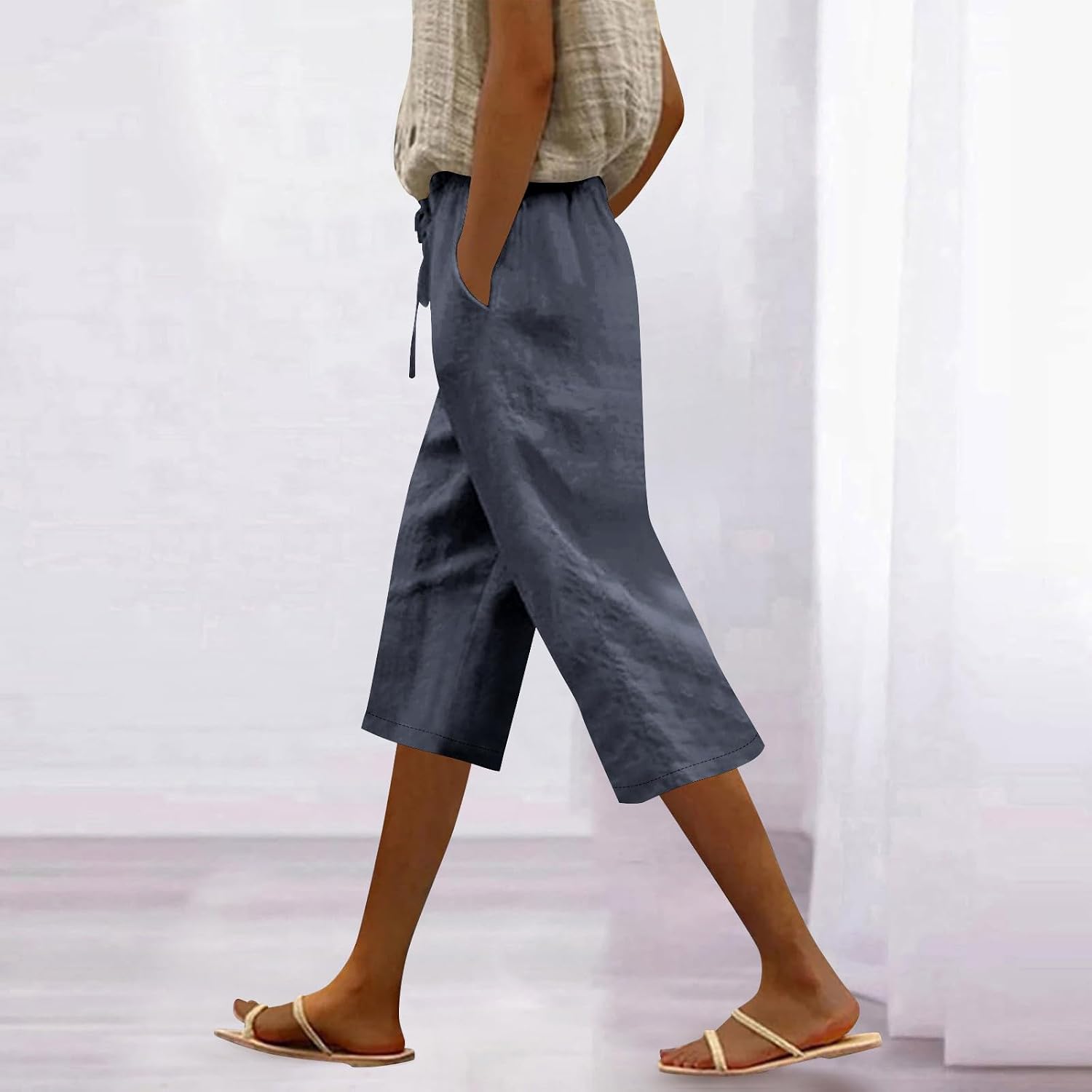 Women Linen Pants Summer High Waist Elastic Drawstring Straight Leg Lounge Pant Casual Loose Beach Capri Trousers