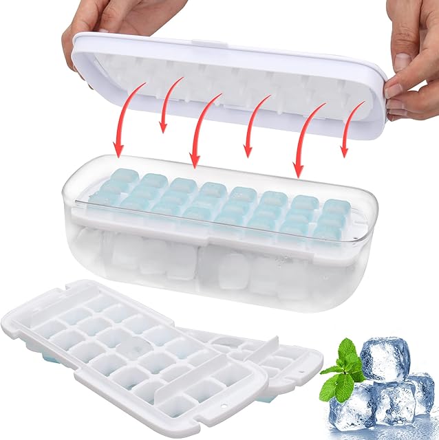 Glaxcidy Ice Cube Trays with Ice Storage Box, Press Type Ice Mold Maker, BPA Free, One Second Release All Ice Cubes, Set 2 Packs Reusable Ice Cube Moulds, Ideal for Chilled Drinks,Whiskey,Cocktail
