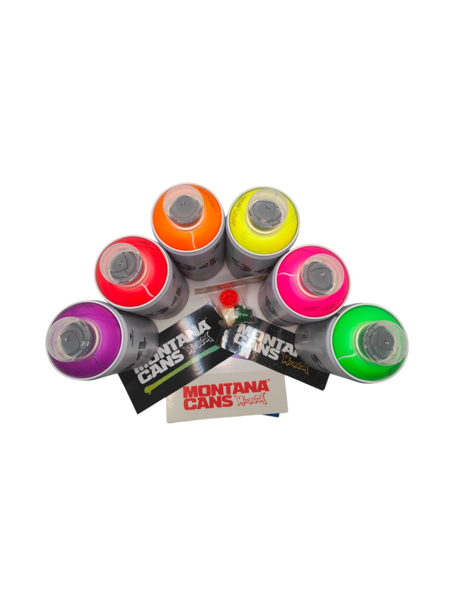 MTN 94 Spraydosen Neon fluoreszierende Farben Set 6 x 400 ml von Montana Colors + 3 Ersatzdüsen in verschiedenen Größen