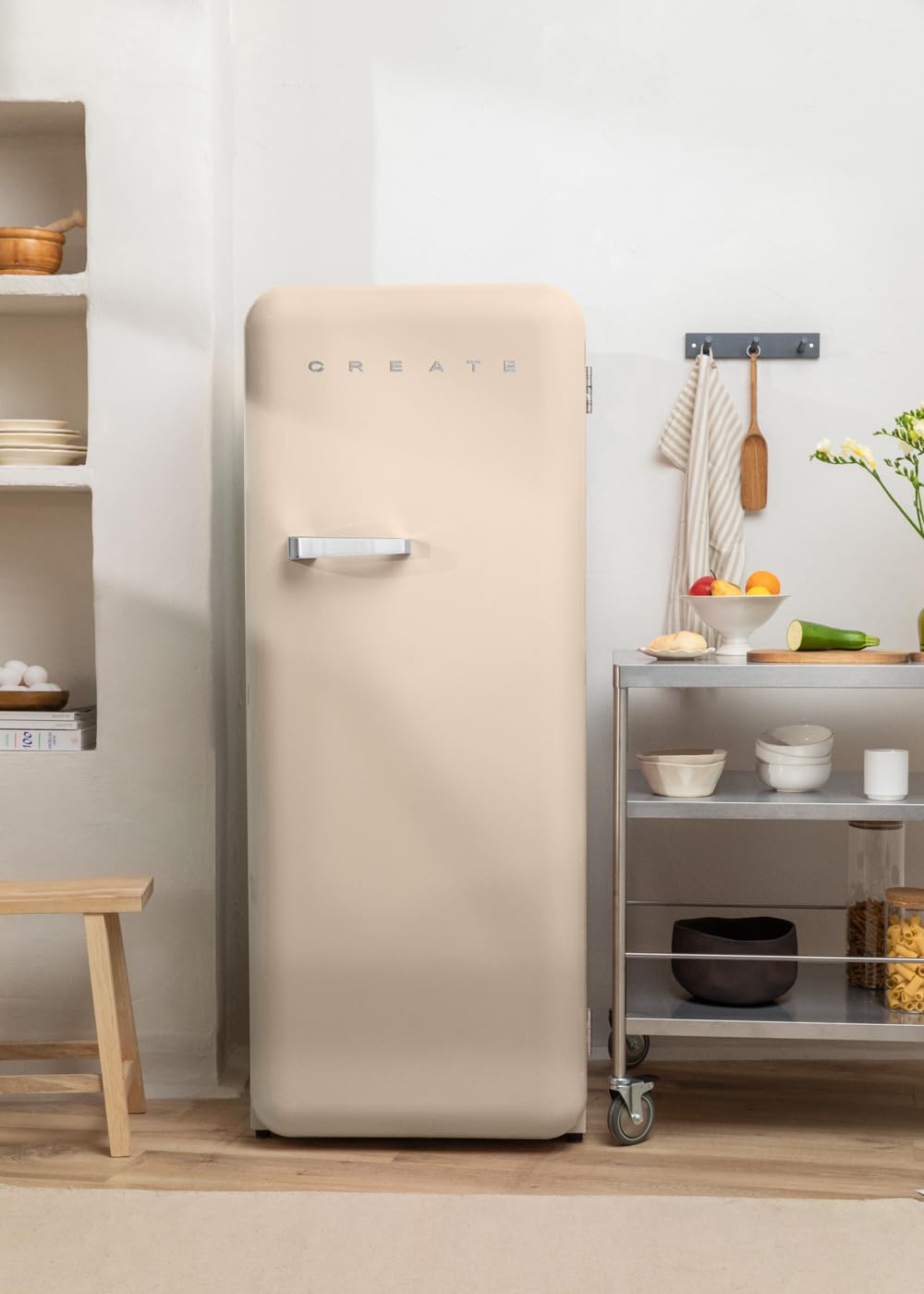 CREATE / RETRO FRIDGE 150 WOOD/Frigorífico blanco roto maneta madera con congelador 281L / 102W. bajo consumo. diseño vintage. 150cm. 3 estantes. regulador temperatura. botellero. 60x60x150cm — view 57
