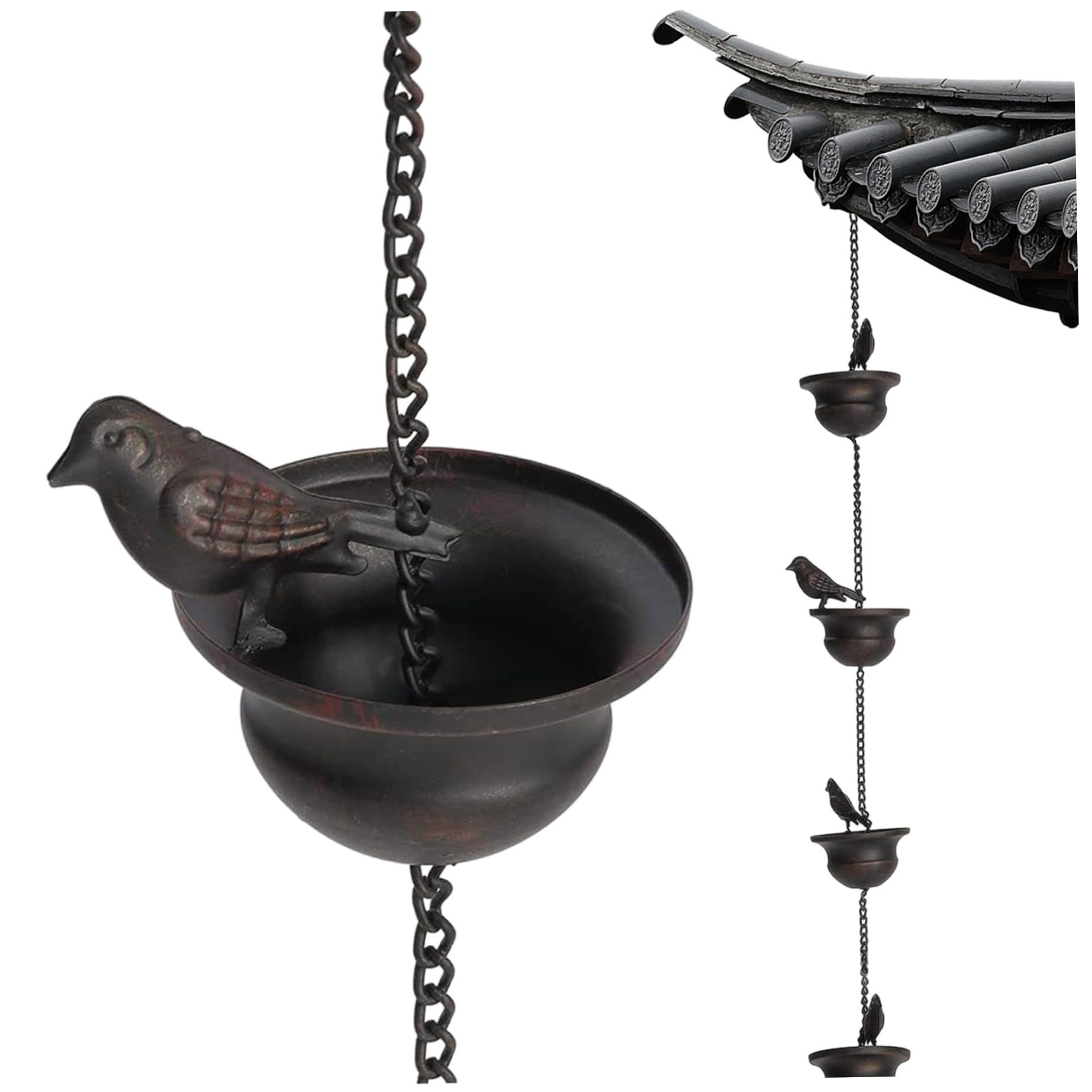 Chaîne de pluie d'oiseaux, chaînes de pluie en métal de 2,4 m pour les gouttières, chaîne de recettes de pluie suspendue en plein air, ornement suspendu au jardin à la rouille pour décorations intéri