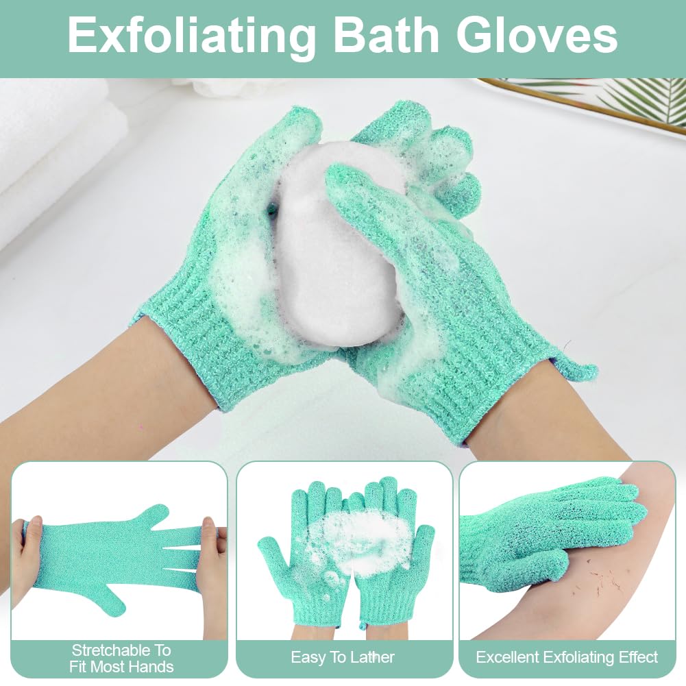 Set Guanto Scrub Corpo, 2 Guanti Esfolianti e 1 Scrubber per la Schiena, Panno Esfoliante Corpo Asciugamani Esfolianti per il Corpo Unisex, Guanti Esfolianti per Esfoliante/Doccia/Spa (Verde) - 4