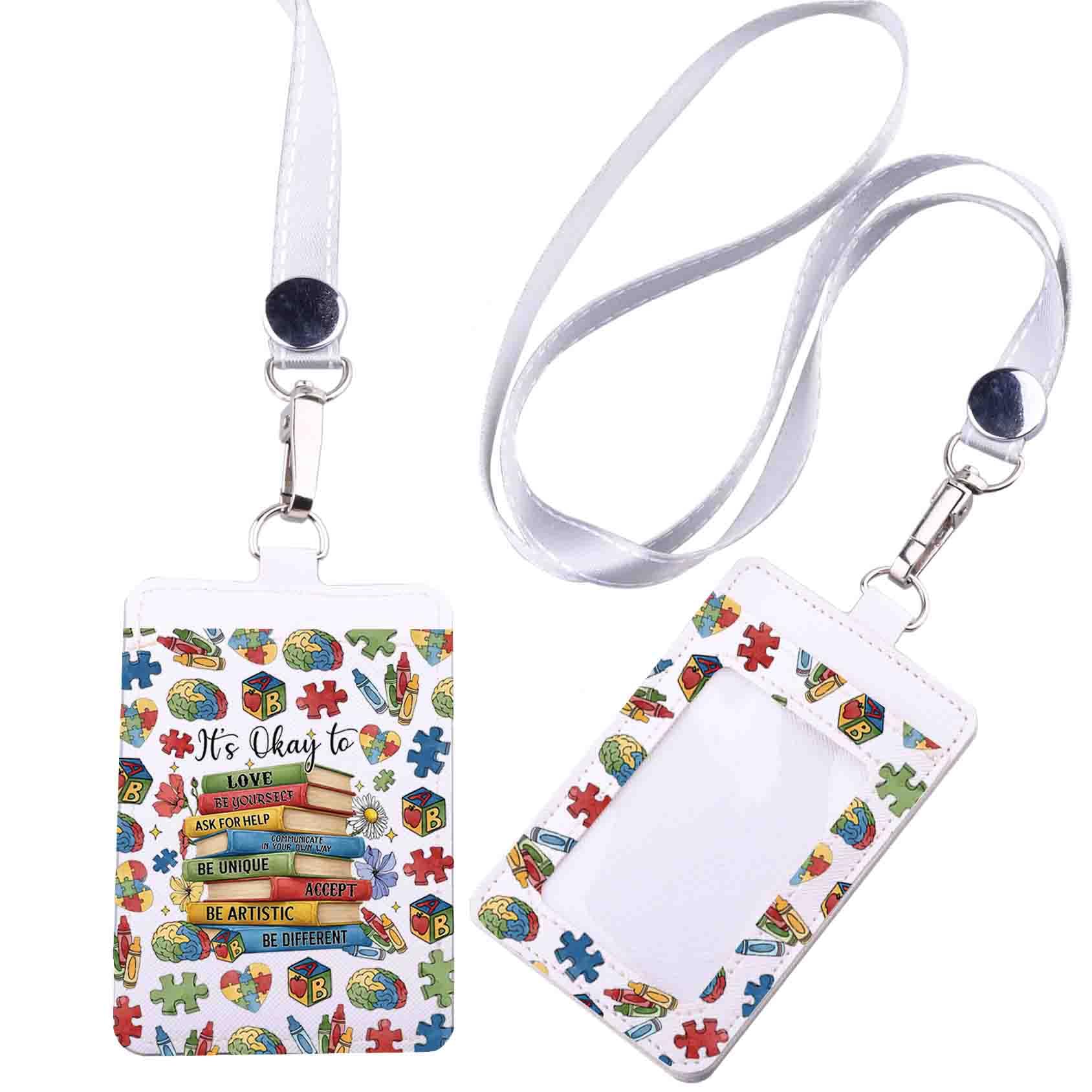 FEELMEM Autism Awareness Leather ID Badge Holder with Lanyard It's Okay to Be Different Autistic Lanyard Neurodiversity Gift (Leather)