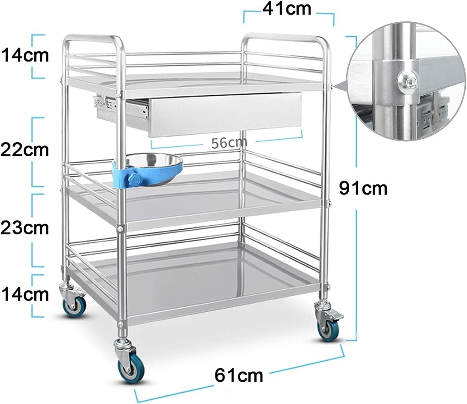 Multifunctional Utility Cart Service Storage Trolley Lab Rolling Cart, Shelf Stainless Steel Rolling Cart, Ideal for Kitchen Hotels, Restaurants and Care Homes Stainless Steel-61x41x91cm(Stainless Ste