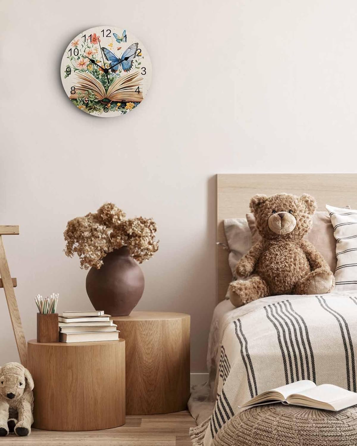 Wall Clock Book Clocks PVC Silent Non-Ticking Battery Operated Decorative Flower Butterflies Round Clock for Home Living Room Kitchen Bedroom Office School Wall Decor 14 Inch