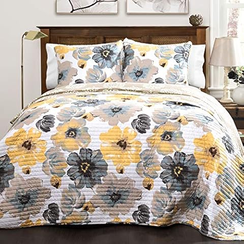 Lush Decor Leah Reversible Floral Quilt Set, 3 Piece Set, King, Yellow & Gray - Charming Floral Bedding Set - Large Blooming Watercolor Flowers Cover