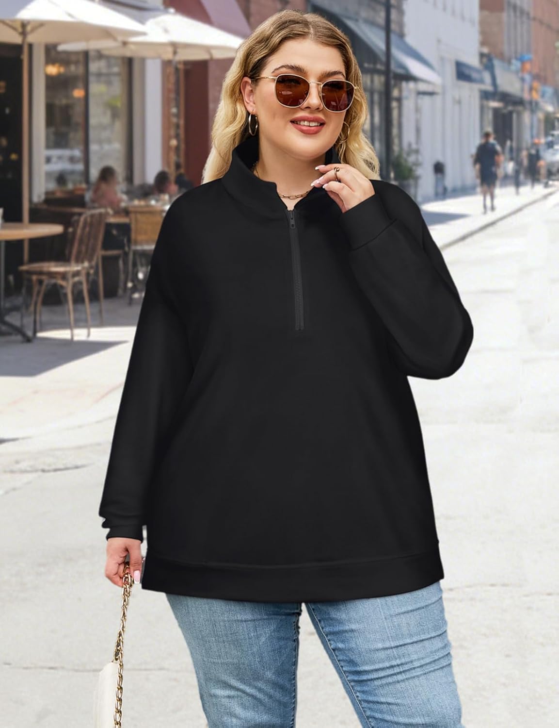 Misyula Style Plus Size Sweatshirts for Women Pockets Quarter Zip Pullover Long Sleeve Drop Shoulder Oversized Tops - Image 2