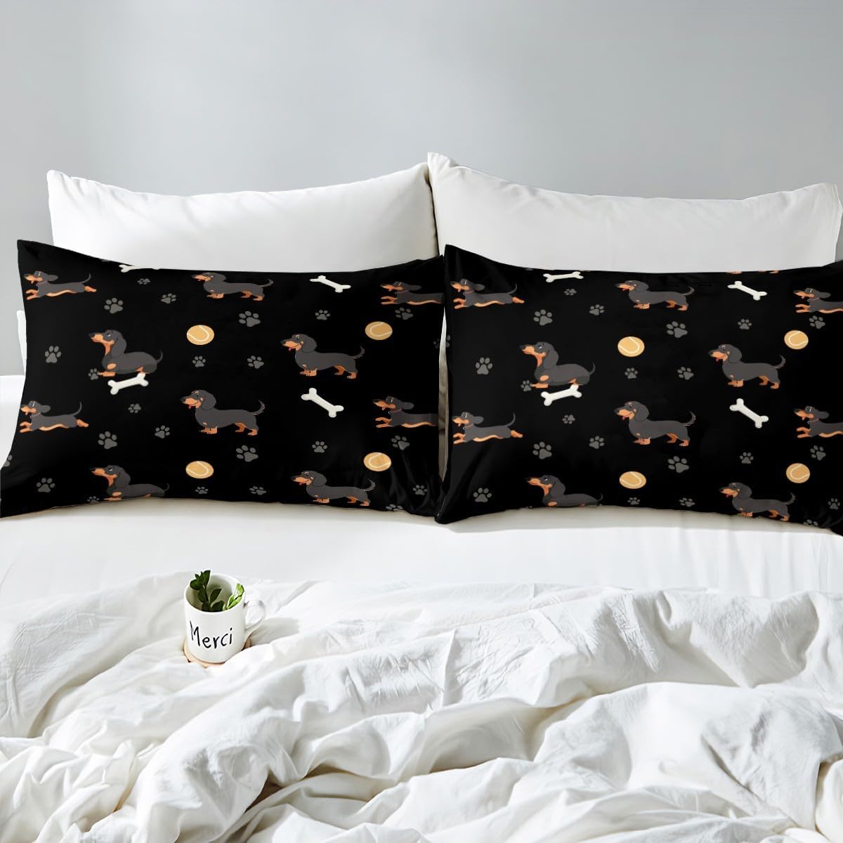Castle Fairy Cute Dachshund Dog Fitted Sheet Twin Size,Cartoon House Pet Animal Themed Mattress Cover for Kids Boys Bedroom,Ball Bones Paw Print Black Microfiber Bed Cover(1 Fitted + 1 Pillowcase)