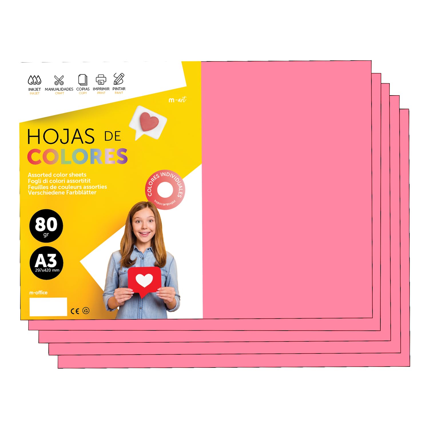 A3 Colour Paper - 80g A3 Sheets for Inkjet and Laser Printers, Ream Paper for Crafts, DIY and Decoration m-Office (50 Sheets, Pink) โ image 1