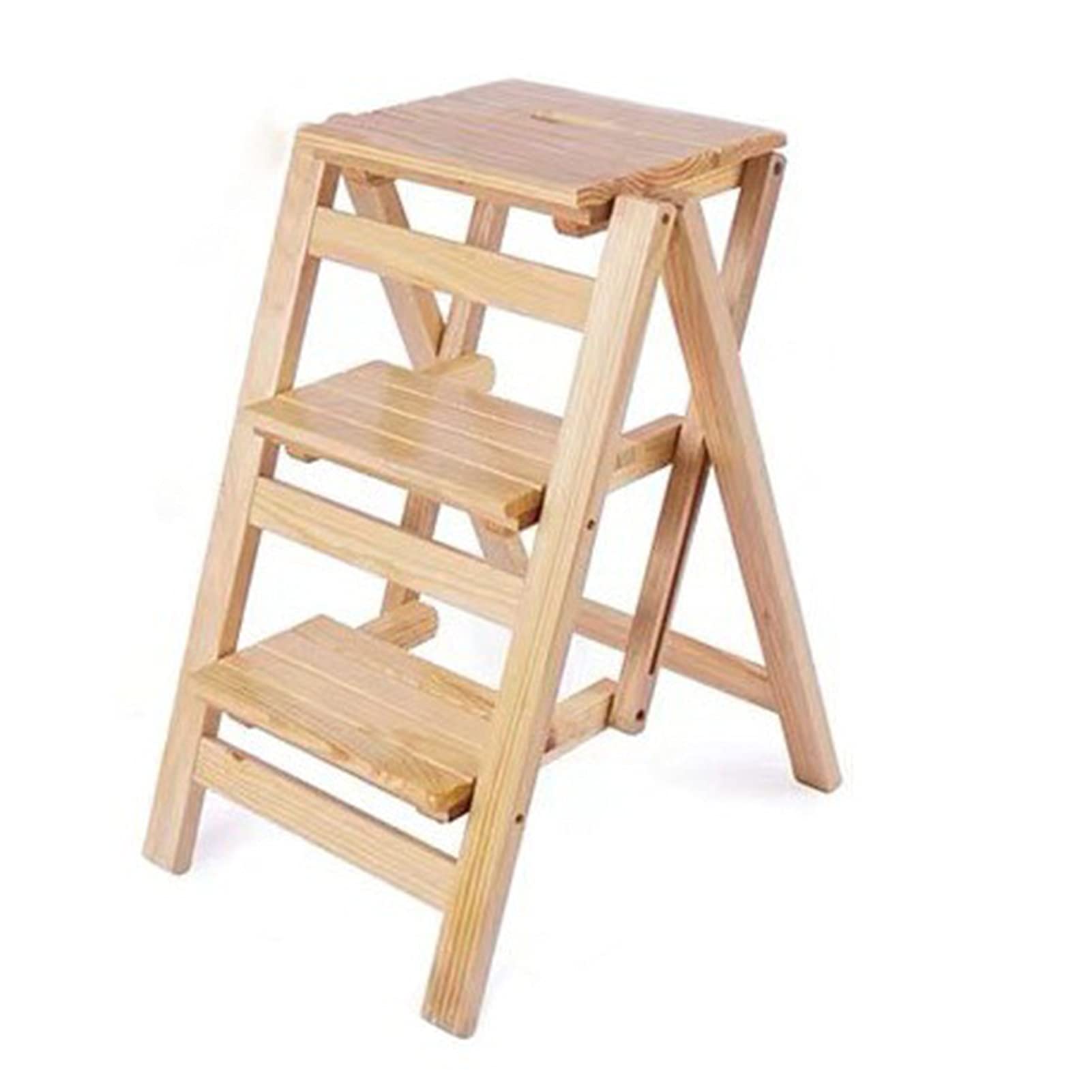 ZGYOZMNG Hardwood Step Stool Adults Step Stool, 3 Household Multifunctional Ladders Chair Folding Wooden Library S (White) (Natural)
