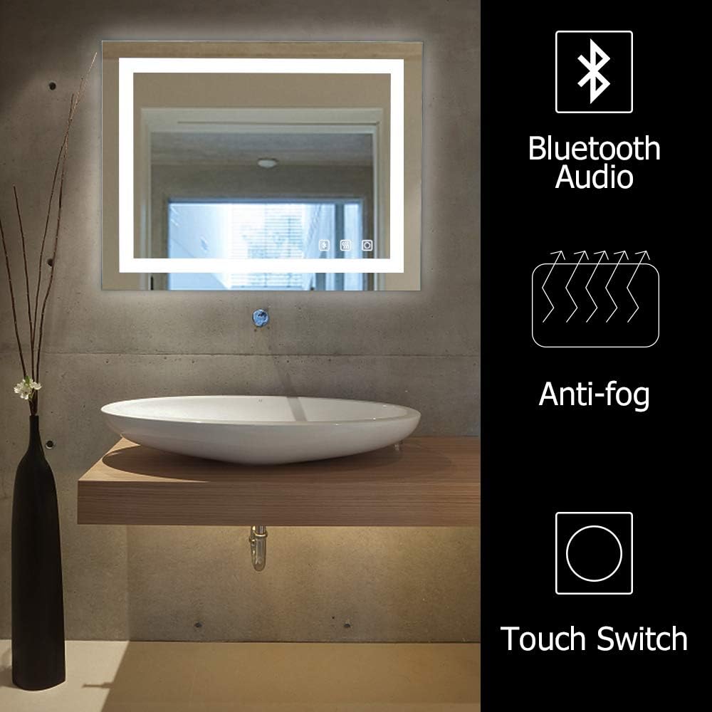 Bonnlo 36"×28" Dimmable LED Illuminated Bathroom Mirror with Bluetooth Speaker, Anti-Fog Wall Mounted Bathroom Vanity Mirror,Smart Vanity Mirror with Memory Touch Button| Hangs Vertically/Horizontally : Home & Kitchen