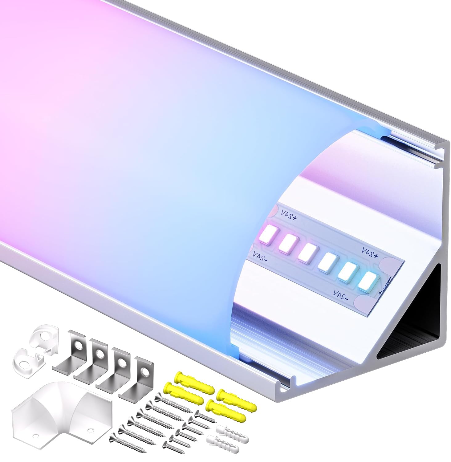 Shine Plus LED Eckprofil 2m x 10 Stück, 45 Grad V Form Profil mit mattem Diffusor, LED Schiene Gesamtgröße 15,8 mm x 15,8 mm, geeignet für LED-Strips mit einer Breite von bis zu 10 mm.